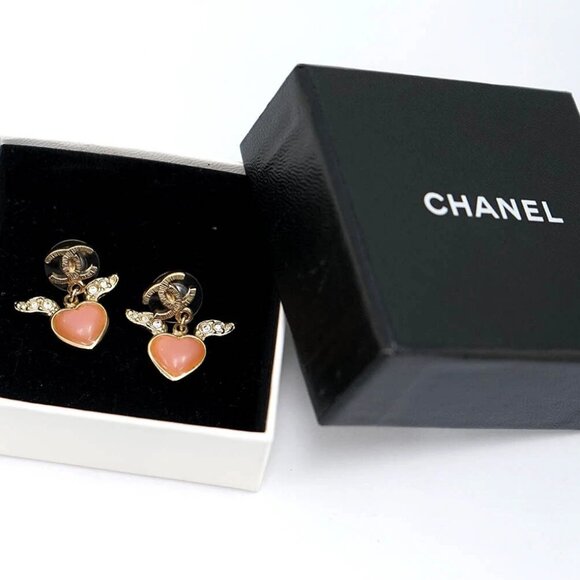 CHANEL CC Logos Pink Heart Rhinestone Dangle Earrings Gold Tone 09C Auth w/Box - Picture 6 of 6